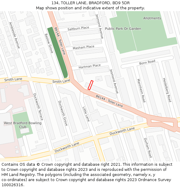134, TOLLER LANE, BRADFORD, BD9 5DR: Location map and indicative extent of plot