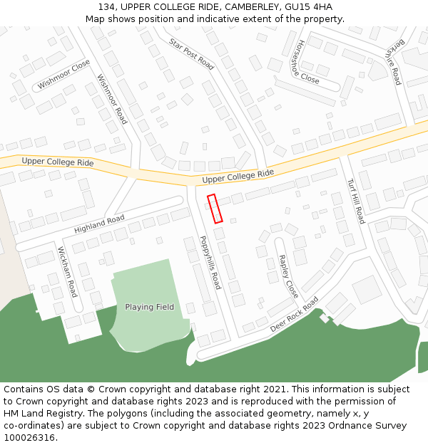 134, UPPER COLLEGE RIDE, CAMBERLEY, GU15 4HA: Location map and indicative extent of plot