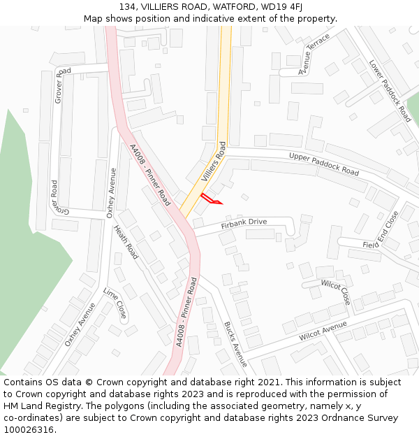134, VILLIERS ROAD, WATFORD, WD19 4FJ: Location map and indicative extent of plot