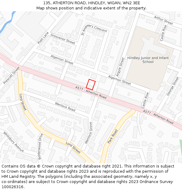 135, ATHERTON ROAD, HINDLEY, WIGAN, WN2 3EE: Location map and indicative extent of plot