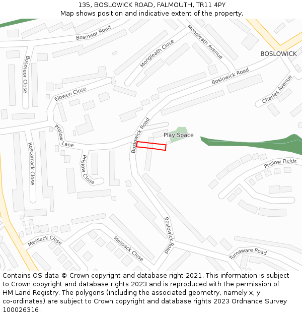 135, BOSLOWICK ROAD, FALMOUTH, TR11 4PY: Location map and indicative extent of plot