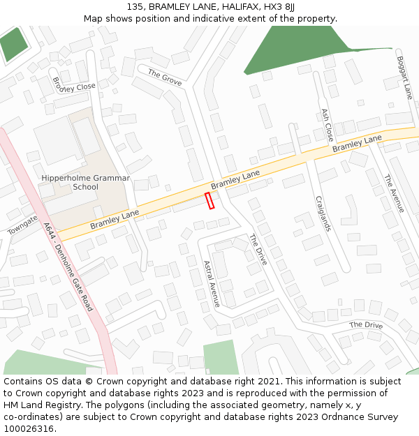 135, BRAMLEY LANE, HALIFAX, HX3 8JJ: Location map and indicative extent of plot