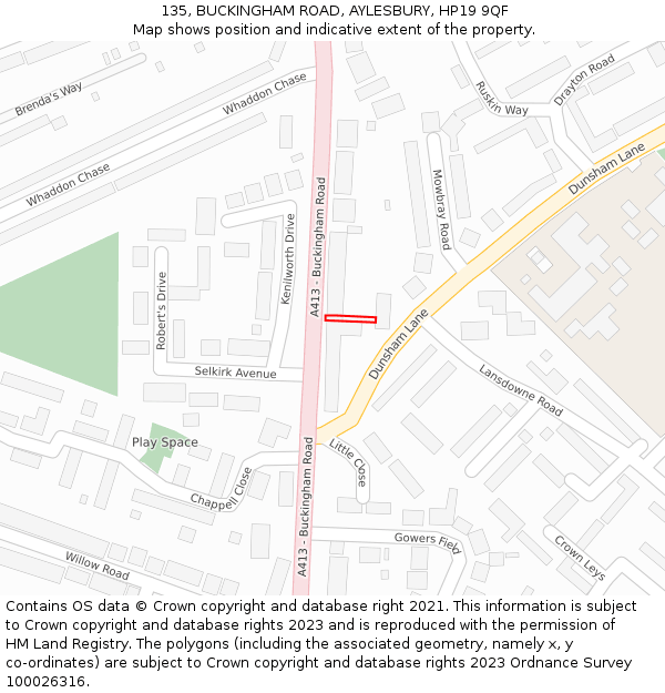 135, BUCKINGHAM ROAD, AYLESBURY, HP19 9QF: Location map and indicative extent of plot