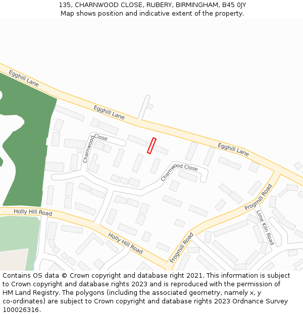 135, CHARNWOOD CLOSE, RUBERY, BIRMINGHAM, B45 0JY: Location map and indicative extent of plot