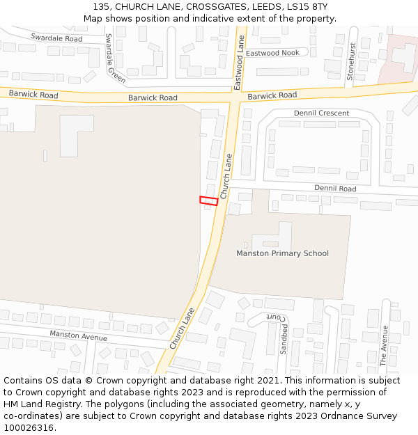 135, CHURCH LANE, CROSSGATES, LEEDS, LS15 8TY: Location map and indicative extent of plot
