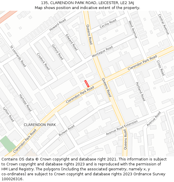 135, CLARENDON PARK ROAD, LEICESTER, LE2 3AJ: Location map and indicative extent of plot