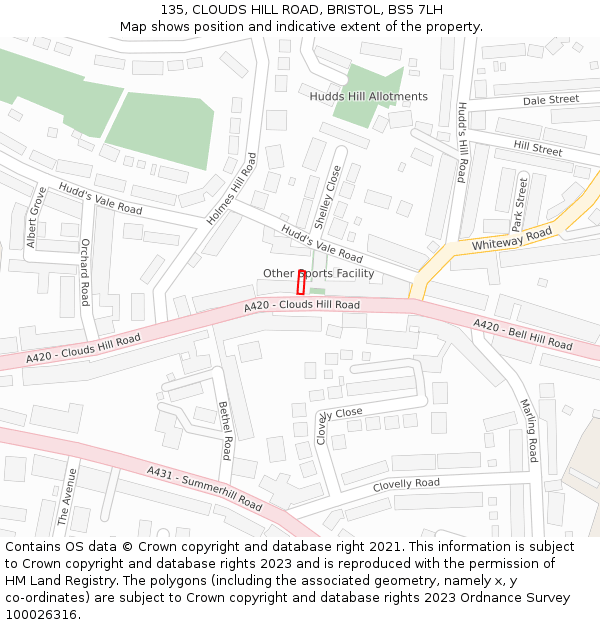 135, CLOUDS HILL ROAD, BRISTOL, BS5 7LH: Location map and indicative extent of plot