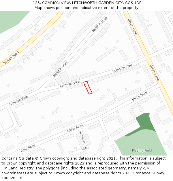 135, COMMON VIEW, LETCHWORTH GARDEN CITY, SG6 1DF: Location map and indicative extent of plot