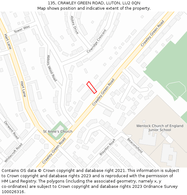 135, CRAWLEY GREEN ROAD, LUTON, LU2 0QN: Location map and indicative extent of plot