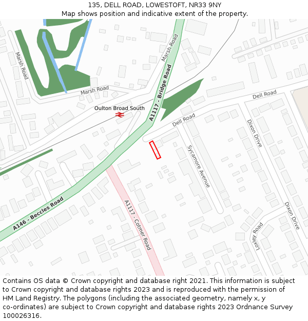 135, DELL ROAD, LOWESTOFT, NR33 9NY: Location map and indicative extent of plot