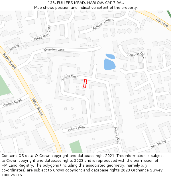 135, FULLERS MEAD, HARLOW, CM17 9AU: Location map and indicative extent of plot