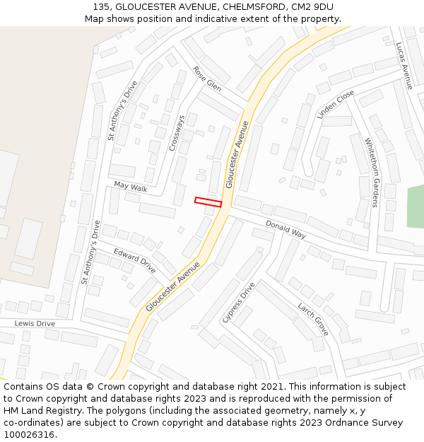 135, GLOUCESTER AVENUE, CHELMSFORD, CM2 9DU: Location map and indicative extent of plot