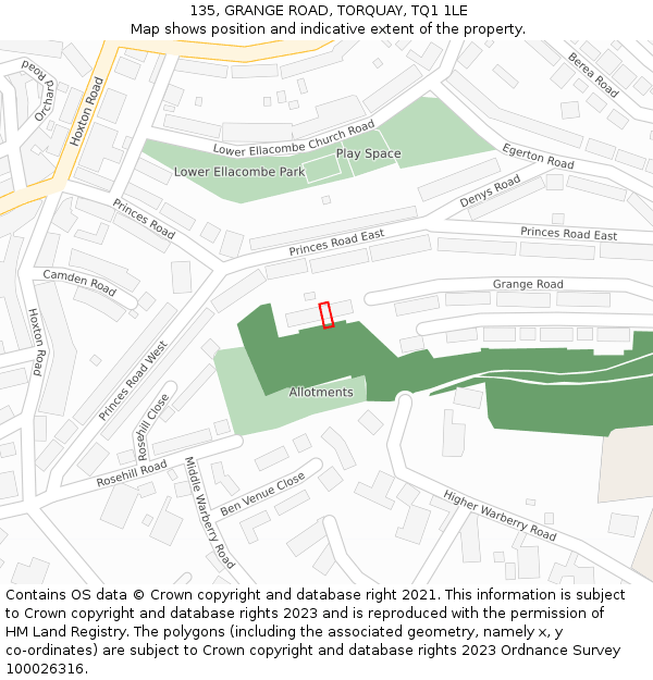 135, GRANGE ROAD, TORQUAY, TQ1 1LE: Location map and indicative extent of plot