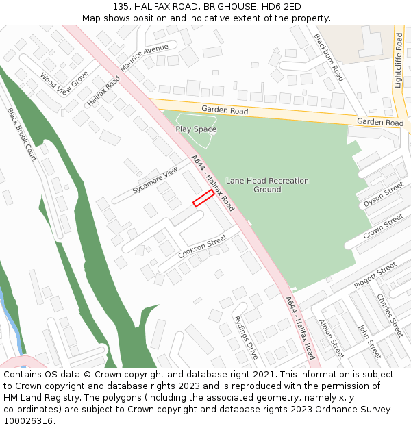 135, HALIFAX ROAD, BRIGHOUSE, HD6 2ED: Location map and indicative extent of plot