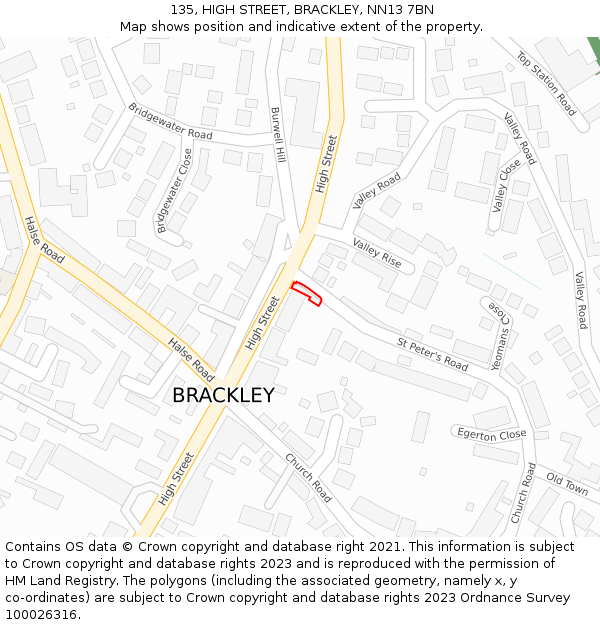 135, HIGH STREET, BRACKLEY, NN13 7BN: Location map and indicative extent of plot