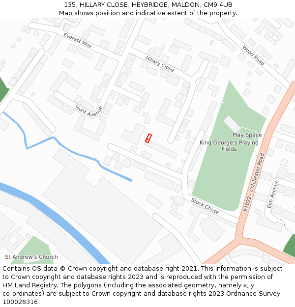 135, HILLARY CLOSE, HEYBRIDGE, MALDON, CM9 4UB: Location map and indicative extent of plot