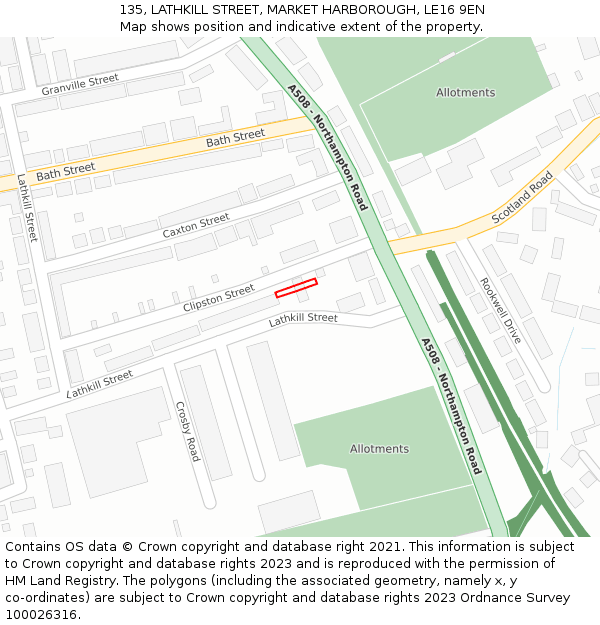 135, LATHKILL STREET, MARKET HARBOROUGH, LE16 9EN: Location map and indicative extent of plot