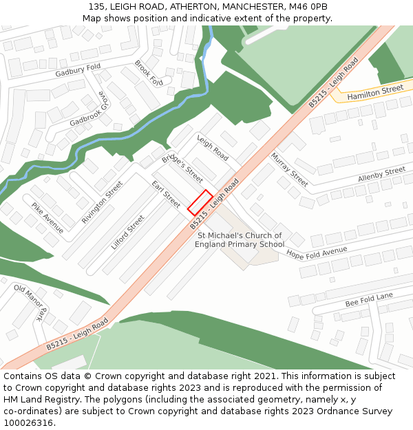 135, LEIGH ROAD, ATHERTON, MANCHESTER, M46 0PB: Location map and indicative extent of plot