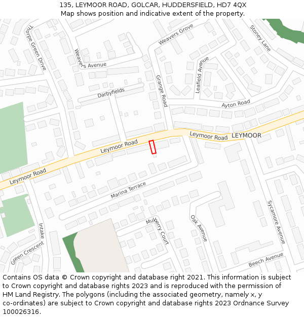 135, LEYMOOR ROAD, GOLCAR, HUDDERSFIELD, HD7 4QX: Location map and indicative extent of plot