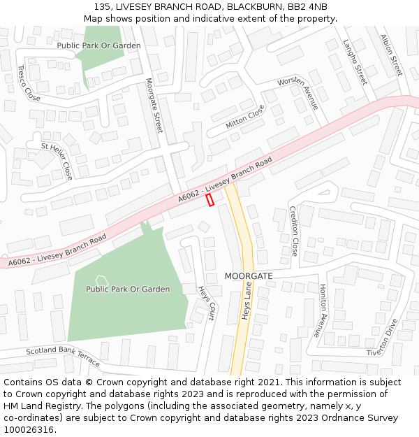 135, LIVESEY BRANCH ROAD, BLACKBURN, BB2 4NB: Location map and indicative extent of plot