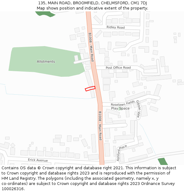 135, MAIN ROAD, BROOMFIELD, CHELMSFORD, CM1 7DJ: Location map and indicative extent of plot