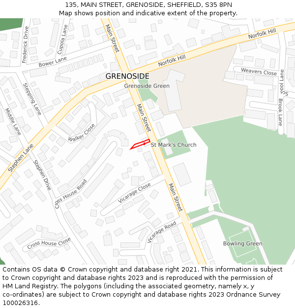 135, MAIN STREET, GRENOSIDE, SHEFFIELD, S35 8PN: Location map and indicative extent of plot
