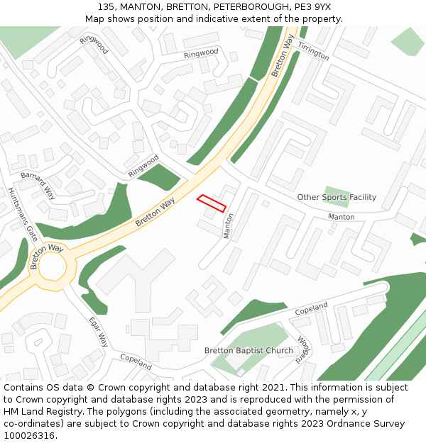 135, MANTON, BRETTON, PETERBOROUGH, PE3 9YX: Location map and indicative extent of plot