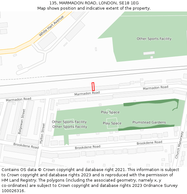 135, MARMADON ROAD, LONDON, SE18 1EG: Location map and indicative extent of plot