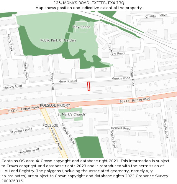 135, MONKS ROAD, EXETER, EX4 7BQ: Location map and indicative extent of plot