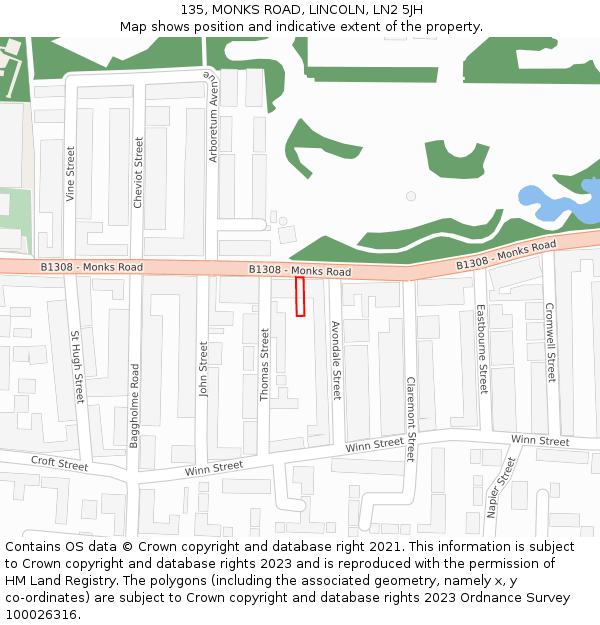135, MONKS ROAD, LINCOLN, LN2 5JH: Location map and indicative extent of plot