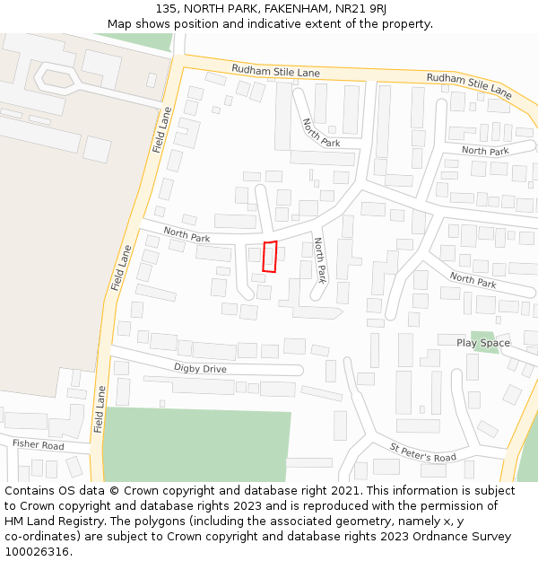 135, NORTH PARK, FAKENHAM, NR21 9RJ: Location map and indicative extent of plot