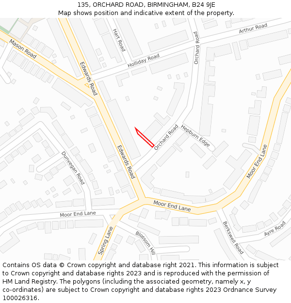 135, ORCHARD ROAD, BIRMINGHAM, B24 9JE: Location map and indicative extent of plot