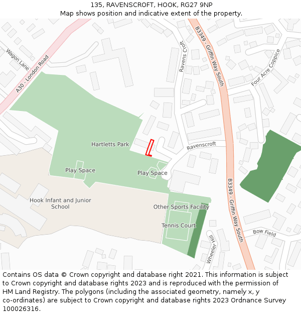 135, RAVENSCROFT, HOOK, RG27 9NP: Location map and indicative extent of plot