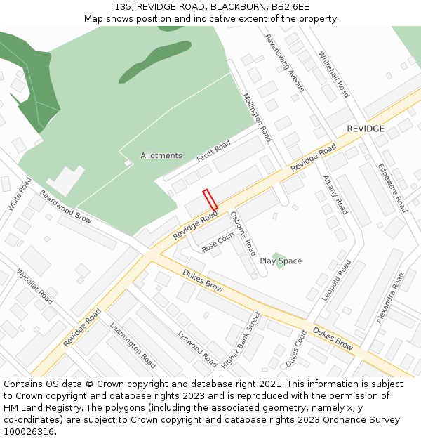 135, REVIDGE ROAD, BLACKBURN, BB2 6EE: Location map and indicative extent of plot