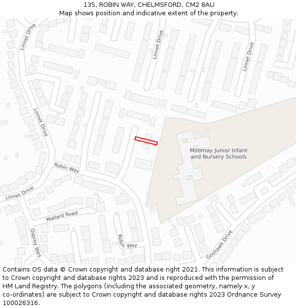 135, ROBIN WAY, CHELMSFORD, CM2 8AU: Location map and indicative extent of plot