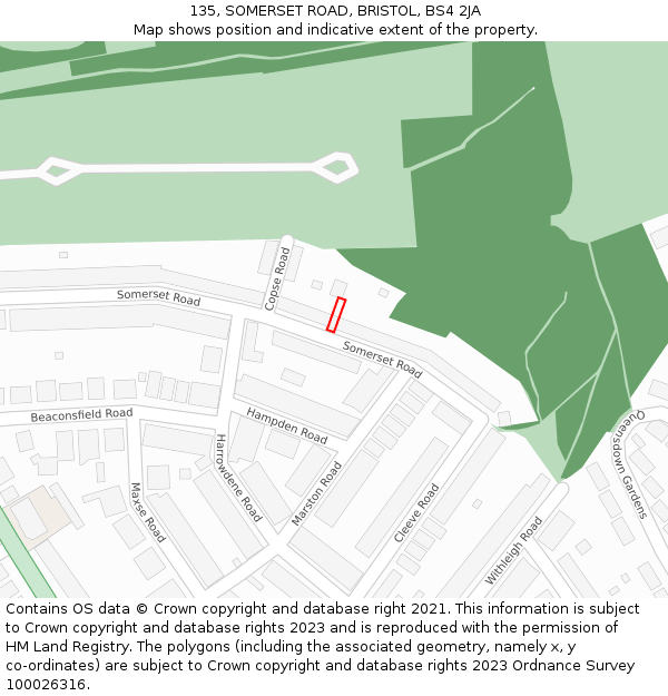 135, SOMERSET ROAD, BRISTOL, BS4 2JA: Location map and indicative extent of plot