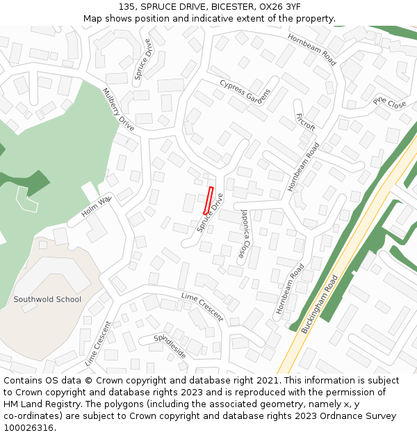 135, SPRUCE DRIVE, BICESTER, OX26 3YF: Location map and indicative extent of plot