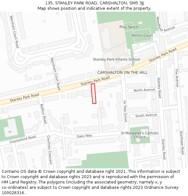 135, STANLEY PARK ROAD, CARSHALTON, SM5 3JJ: Location map and indicative extent of plot