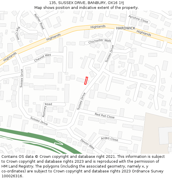 135, SUSSEX DRIVE, BANBURY, OX16 1YJ: Location map and indicative extent of plot