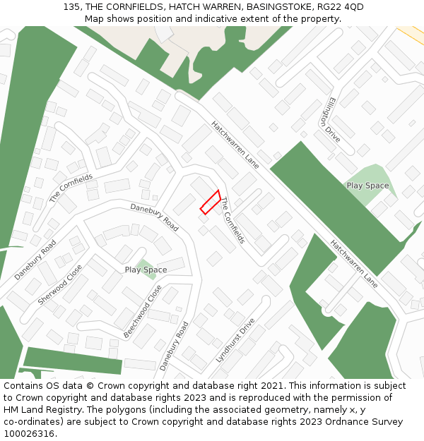 135, THE CORNFIELDS, HATCH WARREN, BASINGSTOKE, RG22 4QD: Location map and indicative extent of plot