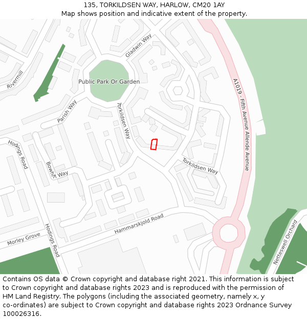 135, TORKILDSEN WAY, HARLOW, CM20 1AY: Location map and indicative extent of plot