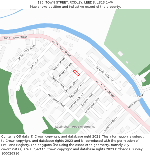 135, TOWN STREET, RODLEY, LEEDS, LS13 1HW: Location map and indicative extent of plot