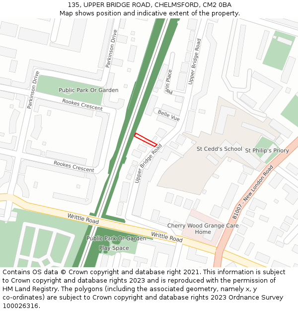 135, UPPER BRIDGE ROAD, CHELMSFORD, CM2 0BA: Location map and indicative extent of plot