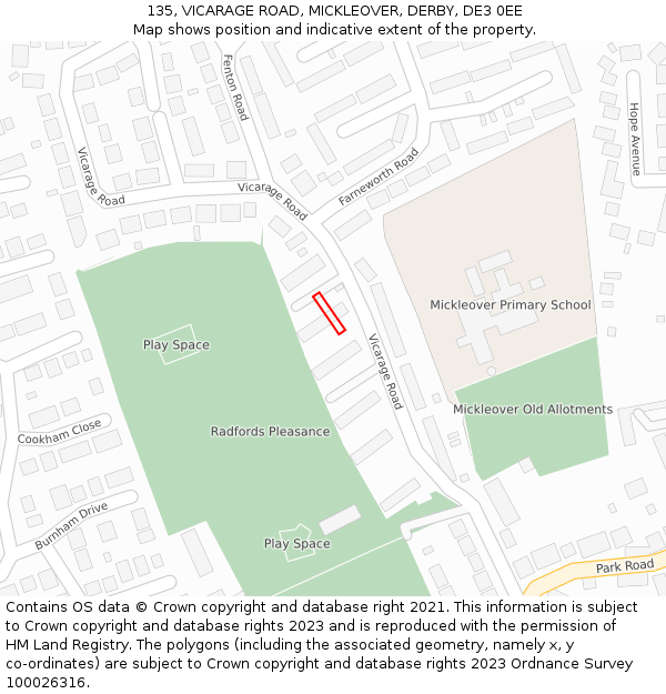 135, VICARAGE ROAD, MICKLEOVER, DERBY, DE3 0EE: Location map and indicative extent of plot