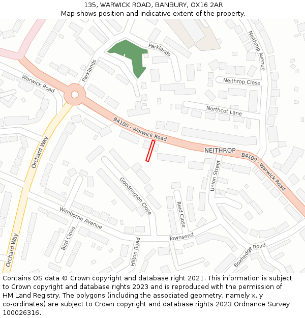 135, WARWICK ROAD, BANBURY, OX16 2AR: Location map and indicative extent of plot