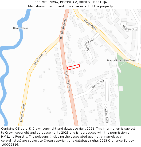 135, WELLSWAY, KEYNSHAM, BRISTOL, BS31 1JA: Location map and indicative extent of plot