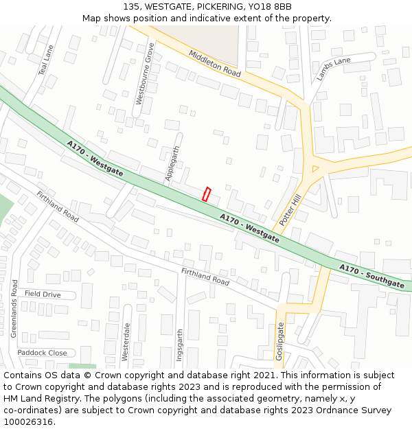 135, WESTGATE, PICKERING, YO18 8BB: Location map and indicative extent of plot