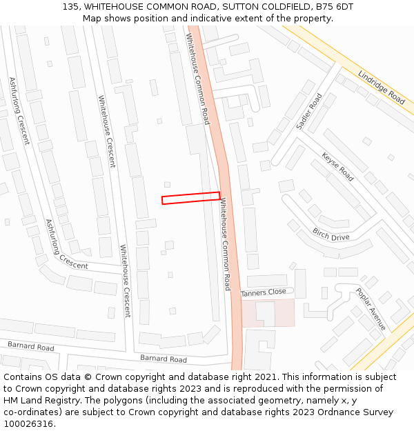 135, WHITEHOUSE COMMON ROAD, SUTTON COLDFIELD, B75 6DT: Location map and indicative extent of plot