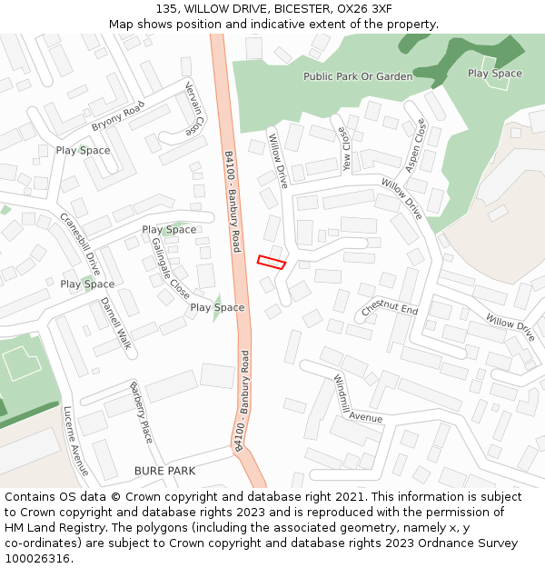 135, WILLOW DRIVE, BICESTER, OX26 3XF: Location map and indicative extent of plot