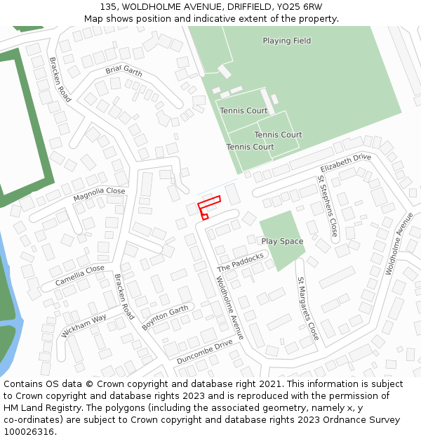 135, WOLDHOLME AVENUE, DRIFFIELD, YO25 6RW: Location map and indicative extent of plot
